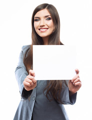 Naklejka premium Business woman hold banner, white background portrait.