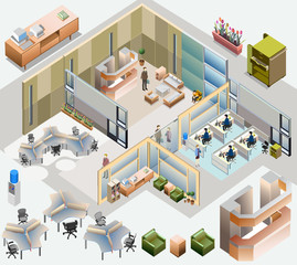 Fototapeta na wymiar office isometric. with completed workstation, meeting room