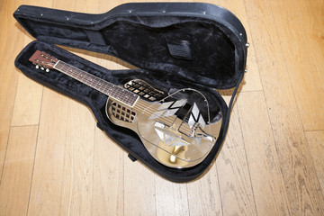 Full view of resonator guitar in carry case