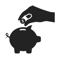piggy bank and hand with coin black icon