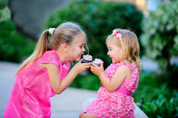 cute fashion little girls eat happy birthday pink cupcake