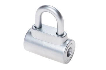 chrome metal padlock on white