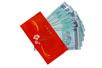 Chinese new year red money packet with Malaysian RM50 notes