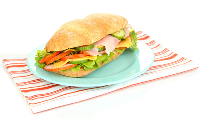 Fresh and tasty sandwich with ham and vegetables isolated
