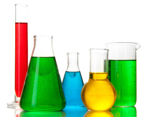 Test tubes with colorful liquids isolated on white
