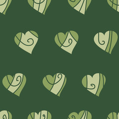 Seamless pattern: green hearts on a dark green background