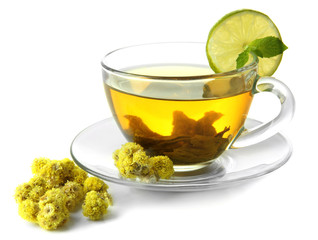 Transparent cup of herbal tea with herb isolated on white