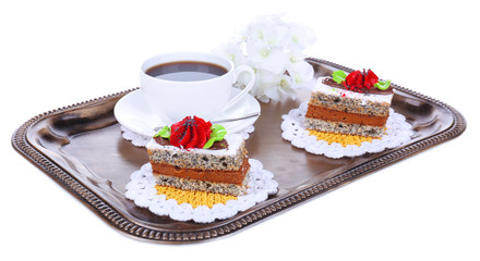 Tasty cakes on tray isolated on white