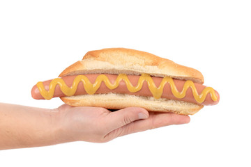 Hand hold big hotdog.