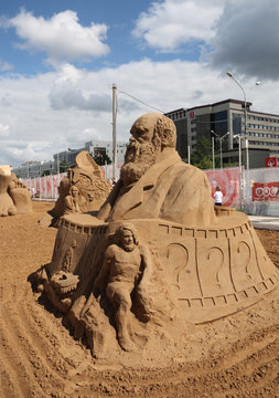 PERM - JUNE 10: Sand Sculpture Charles Darwin At Festival