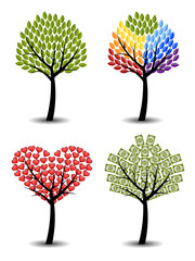 Set of trees. Eco, rainbow, hearts, money.