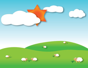 Fototapeta premium Meadow on summer with sheeps