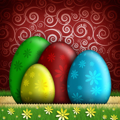 Colored Easter eggs on red patterned background