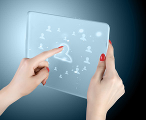 woman hand pressing modern social buttons