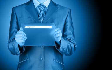 Businessman pushing virtual search bar