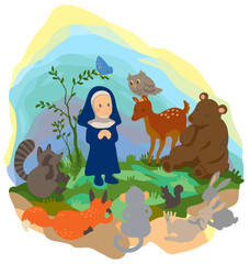 Obraz na płótnie Canvas A nun is preaching truth to animals in the wood