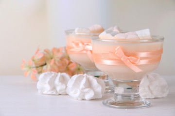 Tasty yogurt with marshmallows, close up