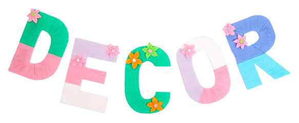 Word Decor created with brightly colored knitting yard isolated