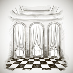 sketch of a classic parlor ballroom