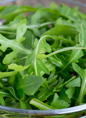 Fototapeta premium rucola in a glass bowl on wooden surface