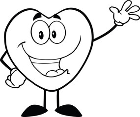 Black And White Happy Heart Character Waving For Greeting