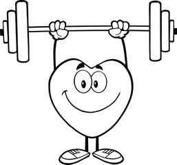 Black And White Smiling Heart Cartoon Character Lifting Weights