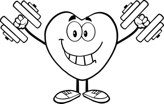 Black And White Smiling Heart Character Training With Dumbbells