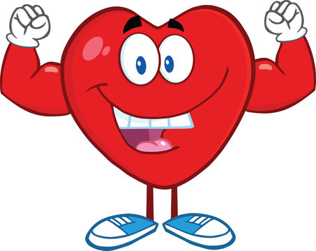 Happy Heart Cartoon Mascot Character Showing Muscle Arms