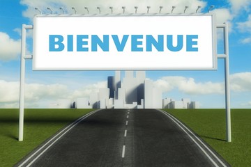 Bienvenue road sign on highway in big city