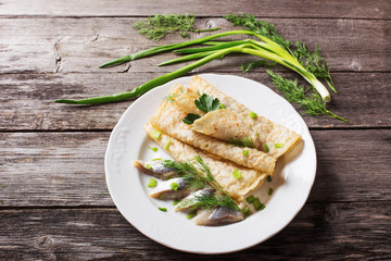 pancakes on vintage  wooden background