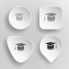 Graduation cap. White flat vector buttons on gray background.