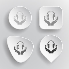 headphones in hands. White flat vector buttons on gray backgroun