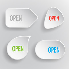 Open. White flat vector buttons on gray background.