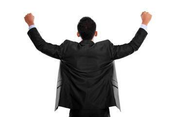 business man with arms raised in success - Isolated on white