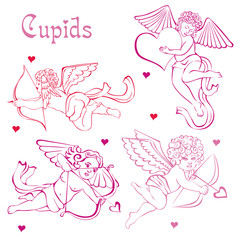 Cupids and hearts. pink silhouettes