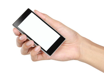 Hand holding mobile smart phone with blank screen