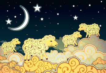 Cartoon style sheep walking on clouds at night © Black Spring