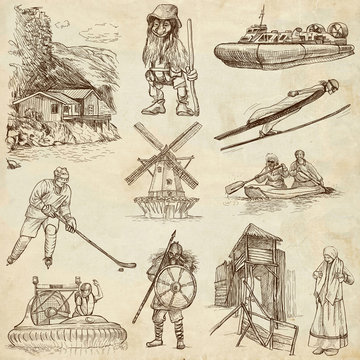Traveling series: SCANDINAVIA set no. 4 - hand drawings on paper