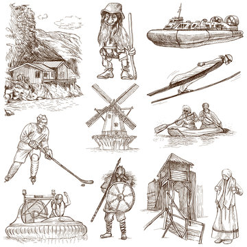Traveling series: SCANDINAVIA set no. 4 - hand drawings on white