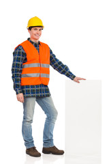 Construction worker holding bar chart.