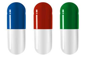 three red blue and green  drugs pills isolated