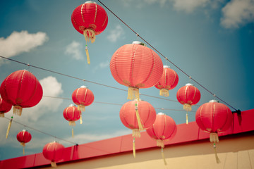 Red Chinese Paper Lanterns against a Blue Sky © dvoevnore