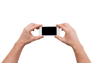 close up of man hands holding smartphone
