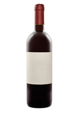 Rotweinflasche mit freiem Etikett vor weißem Hintergrund