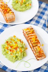 Creamy avocado rice with grilled salmon