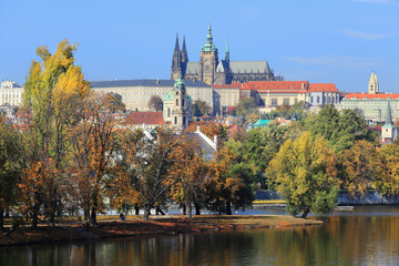 Autumn Prague gothic Castle above River Vltava, Czech Republic