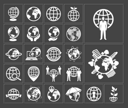 globe earth white web icons set on dark background