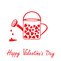 Love watering can with hearts inside. Happy Valentines Day card.