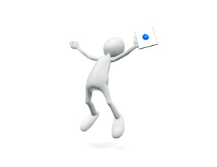 Man jumping with tablet in hand with joy on white background.