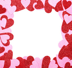 Valentine's Day Frame. Red and Pink Glitter Hearts isolated